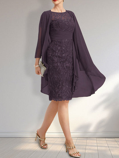 Vestido de madre de la novia de gasa con encaje, escote redondo, ilusión, largo hasta la rodilla, con volantes en cascada y lentejuelas