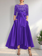 Vestido de madre de la novia de encaje satinado asimétrico con ilusión de corte A y lazo