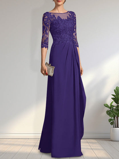Vestido de gasa para madre de la novia con encaje, corte A, escote redondo, ilusión, largo hasta el suelo, con lentejuelas y abalorios y volantes en cascada