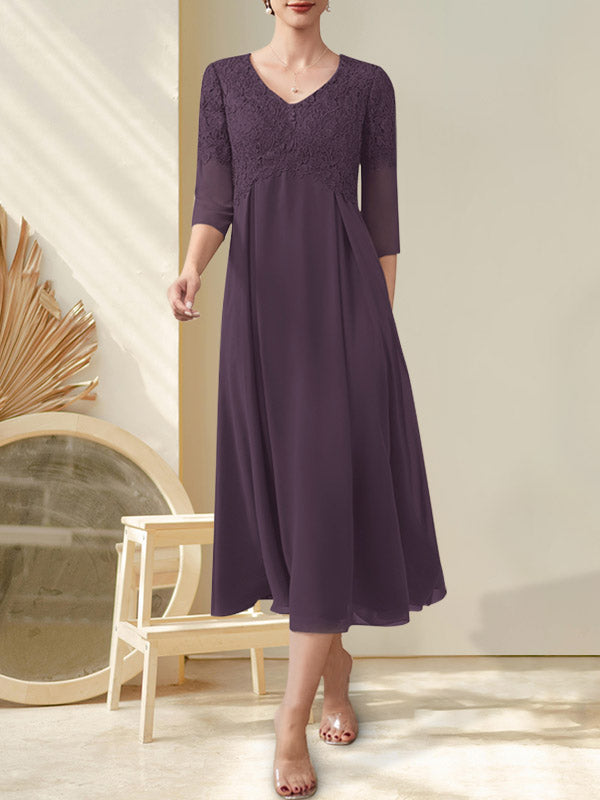 Vestido de gasa con encaje y escote en V, largo hasta la rodilla, para madre de la novia con cuentas