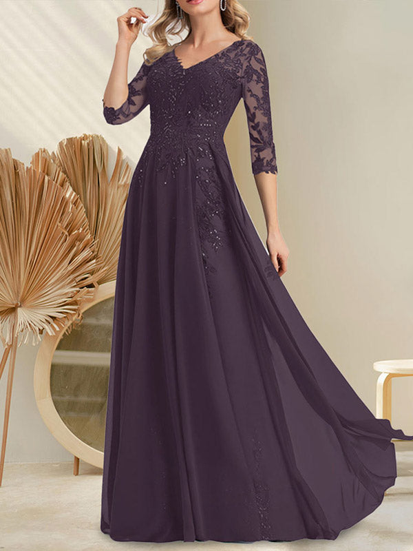 A-Linie V-Ausschnitt Bodenlanges Spitzenchiffonkleid für die Brautmutter mit Pailletten
