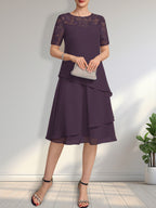 Vestido de gasa con encaje y lentejuelas para madre de la novia, corte A, escote ilusión, largo hasta la rodilla