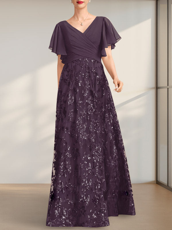 Vestido de madre de la novia de gasa con lentejuelas, encaje, escote en V y largo hasta el suelo, con pliegues