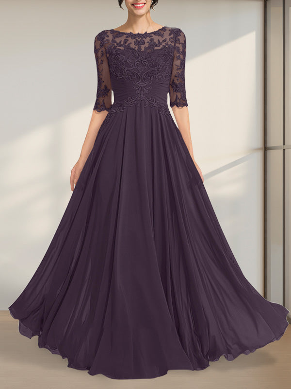 Vestido de gasa de encaje con escote en A y ilusión hasta el suelo para madre de la novia con lentejuelas plisadas