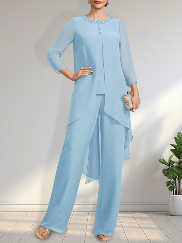 Vestido de gasa para madre de la novia con lentejuelas y abalorios, largo hasta el suelo y mono/pantalón separado