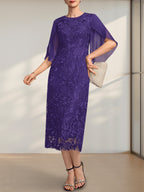 Vestido para madre de la novia de gasa con encaje, corte tubo, escote redondo y largo hasta la rodilla