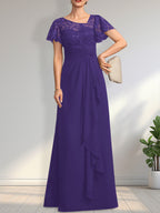 A-line Asymmetrical Illusion Floor-Length Lace Chiffon Mother of the Bride Dress With Cascading Ruffles Sequins