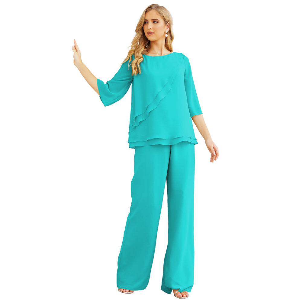 Vestido de gasa para madre de la novia Sunnderly, talla grande, trajes de pantalón con capas con volantes 