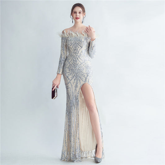 High Density Ostrich Hair Sequin Off Shoulder Fishtail Evening Dress