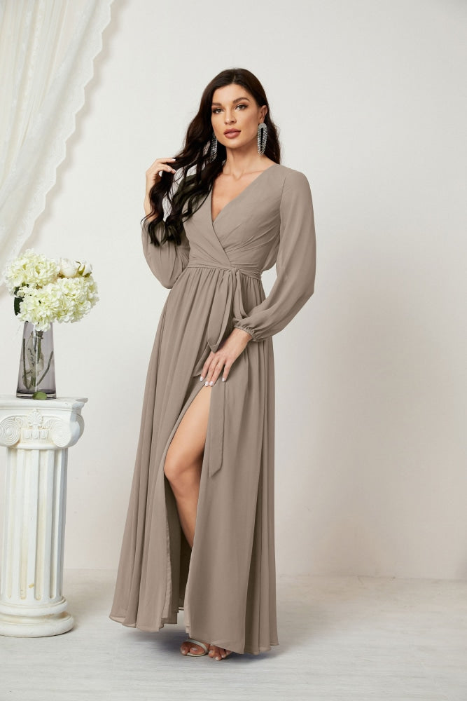 Vestidos de noche Sunnderly con escote en V profundo, gasa, para dama de honor, manga larga de obispo, abertura lateral, vestido formal SY2806 
