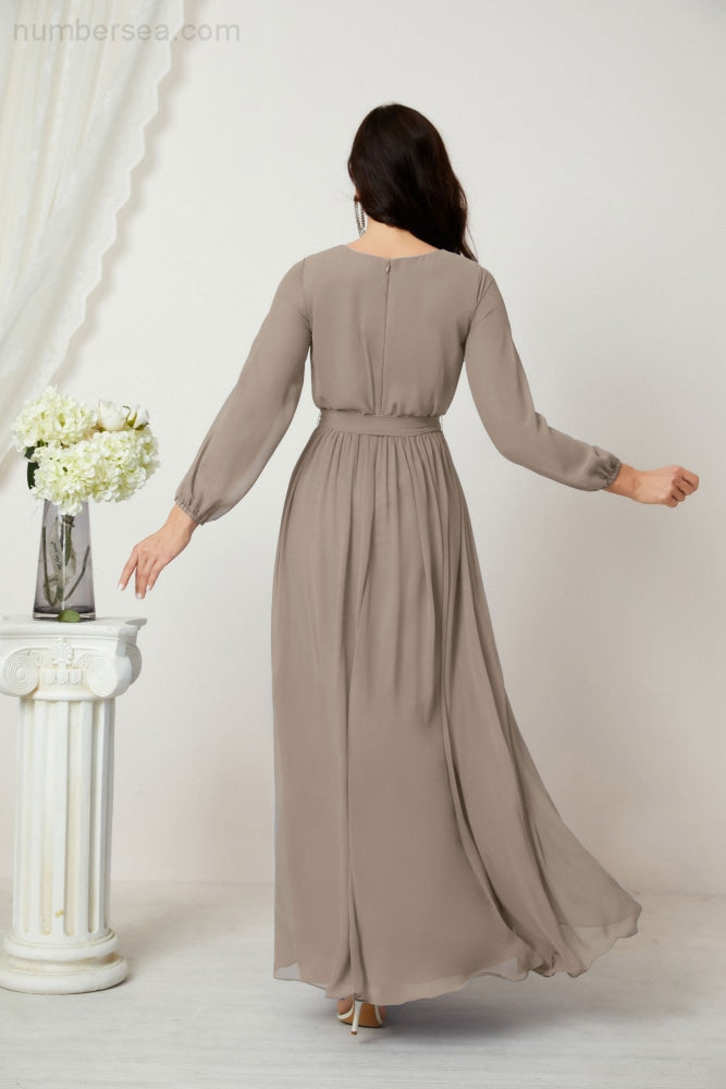 Vestidos de noche Sunnderly con escote en V profundo, gasa, para dama de honor, manga larga de obispo, abertura lateral, vestido formal SY2806 