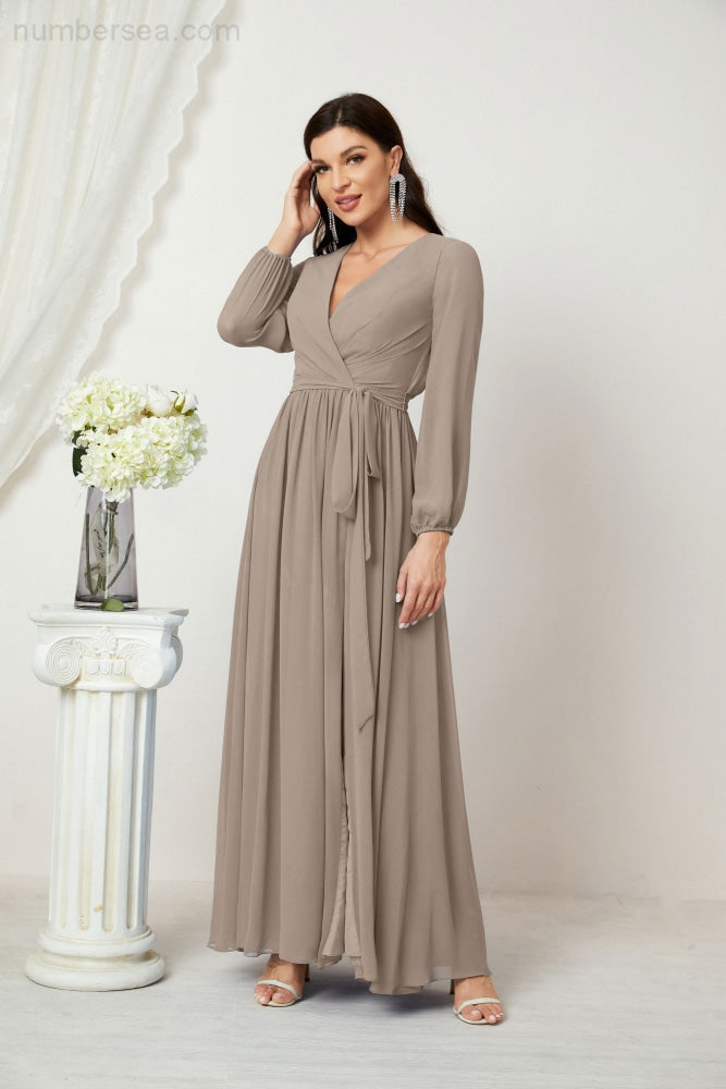 Vestidos de noche Sunnderly con escote en V profundo, gasa, para dama de honor, manga larga de obispo, abertura lateral, vestido formal SY2806 