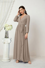 Vestidos de noche Sunnderly con escote en V profundo, gasa, para dama de honor, manga larga de obispo, abertura lateral, vestido formal SY2806 