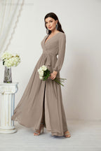 Vestidos de noche Sunnderly con escote en V profundo, gasa, para dama de honor, manga larga de obispo, abertura lateral, vestido formal SY2806 