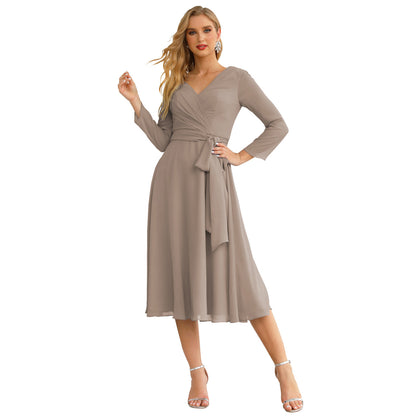 Sunnderly Chiffon Bridesmaid Dress V-Back Waist Belt Formal Prom Gown Mother of The Bride Wedding Guest