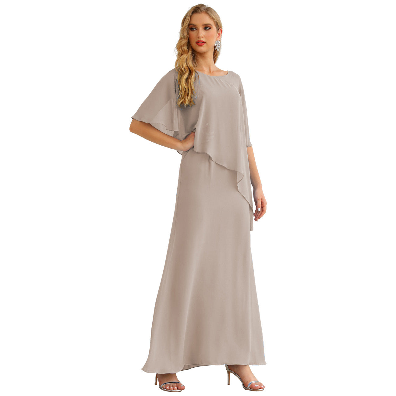 Sunnderly Chiffon Plus Size Mother of The Bride Dresses Formal Prom Gown Ruffle Cape
