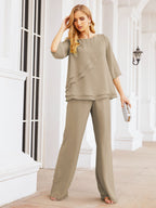 Elegante vestido de dos piezas para madre de la novia, talla grande, pantalón, capas con volantes, bata plateada SY28064 