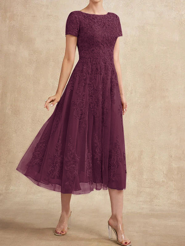 Vestido de madre de la novia de tul con encaje y corte en A, largo hasta la rodilla