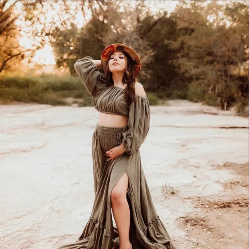 Vestido de maternidad de dos piezas con hombros descubiertos para playa, vestido de fotografía de manga larga, vestido para baby shower SY211203 