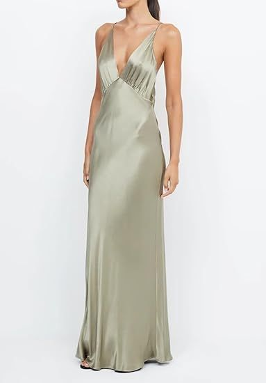 Vestido de noche largo de satén amarillo con escote en V sexy Y7882