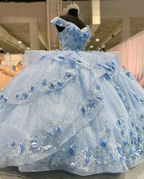 Wunderschönes blaues schulterfreies Tüll-Applikationen-Ballkleid-Geburtstags-Quinceanera-Kleid Y7835