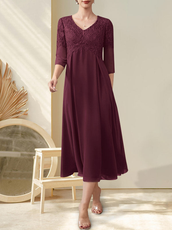 Vestido de gasa con encaje y escote en V, largo hasta la rodilla, para madre de la novia con cuentas