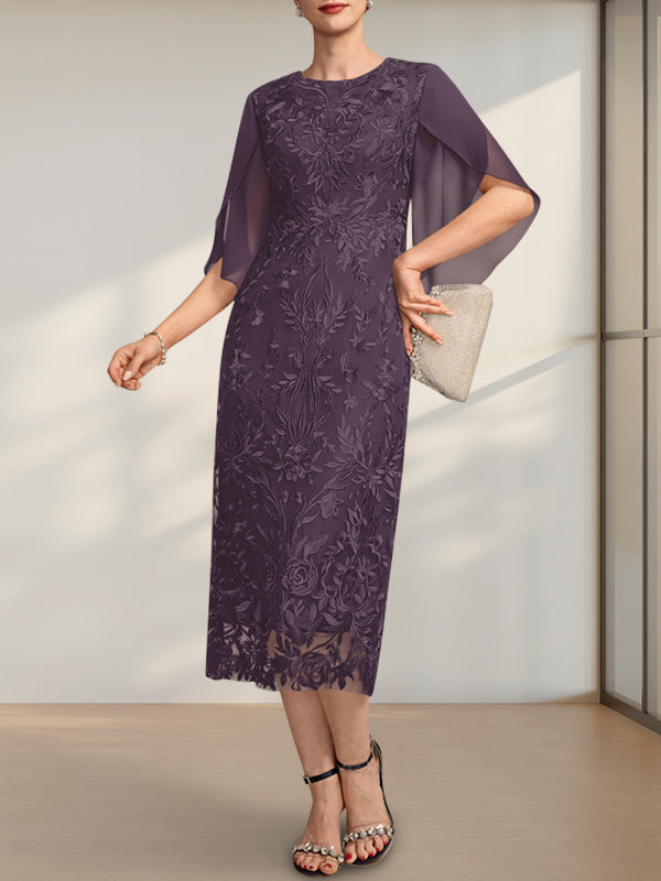 Vestido para madre de la novia de gasa con encaje, corte tubo, escote redondo y largo hasta la rodilla