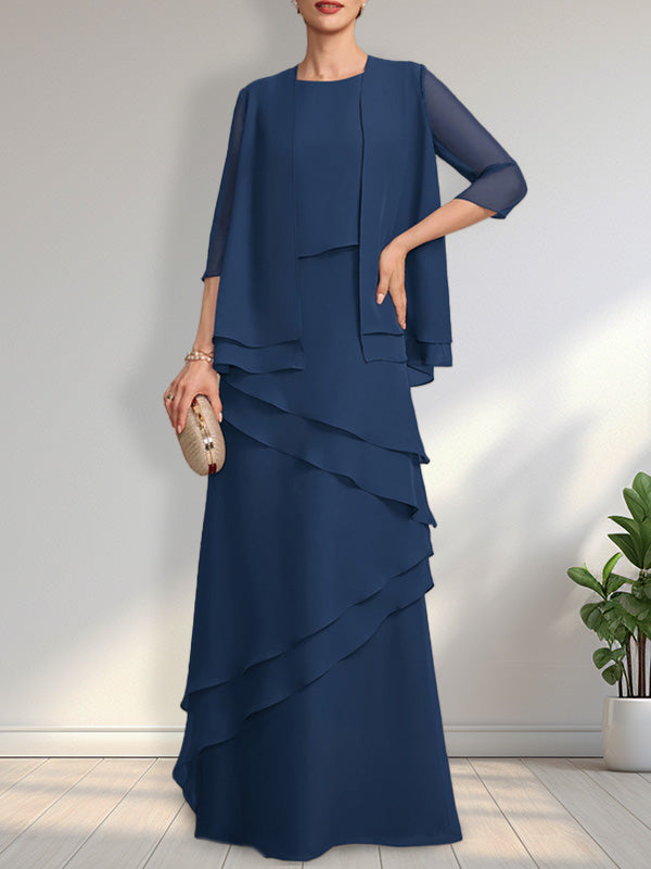 Vestido de gasa para madre de la novia con escote redondo y largo hasta el suelo