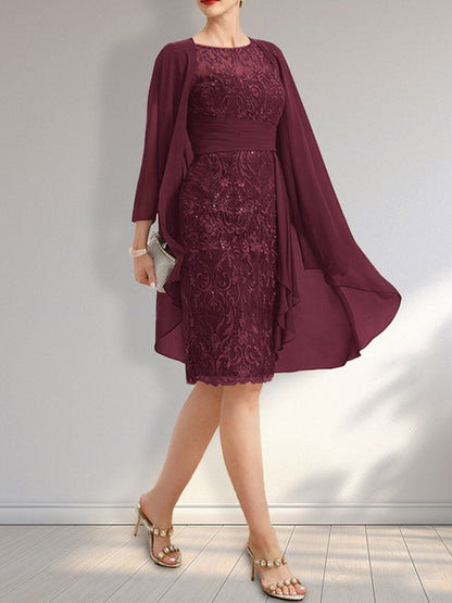 Vestido de madre de la novia de gasa con encaje, escote redondo, ilusión, largo hasta la rodilla, con volantes en cascada y lentejuelas