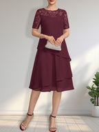 Vestido de gasa con encaje y lentejuelas para madre de la novia, corte A, escote ilusión, largo hasta la rodilla