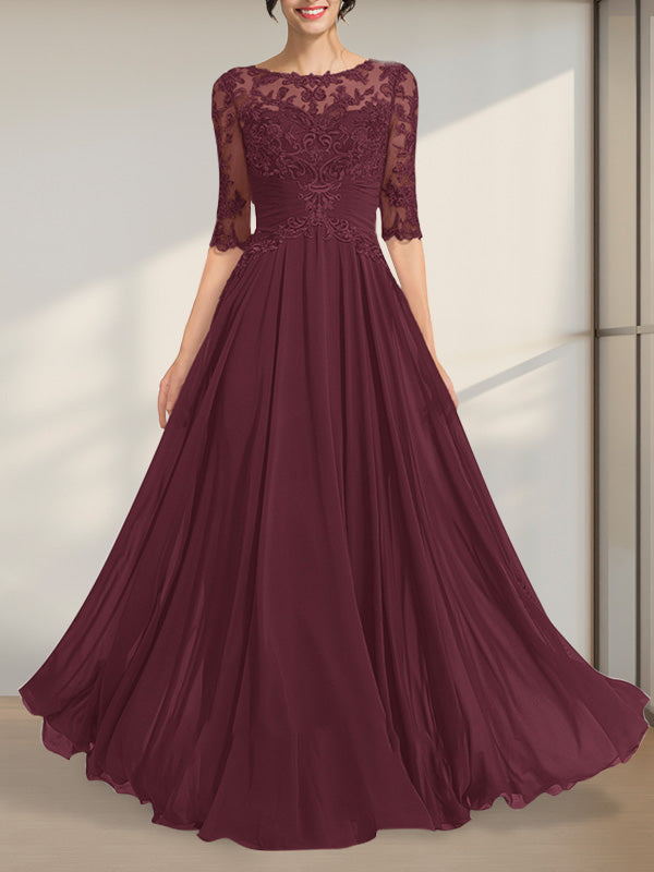 Vestido de gasa de encaje con escote en A y ilusión hasta el suelo para madre de la novia con lentejuelas plisadas