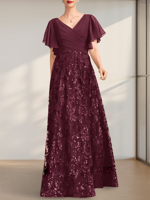 Vestido de madre de la novia de gasa con lentejuelas, encaje, escote en V y largo hasta el suelo, con pliegues