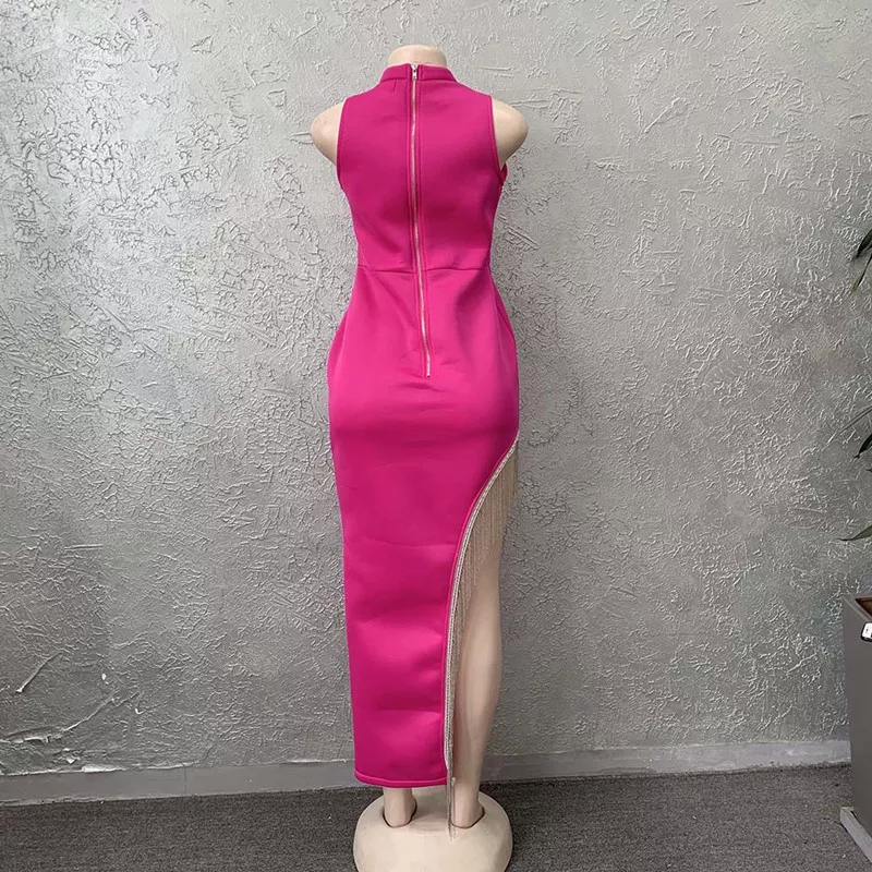 Vestido de noche largo y elegante con flecos y aberturas brillantes para mujer Y407