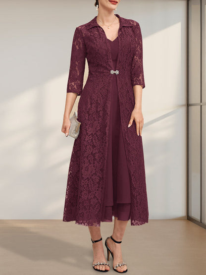 A-Linie V-Ausschnitt Wadenlanges Chiffonkleid für die Brautmutter