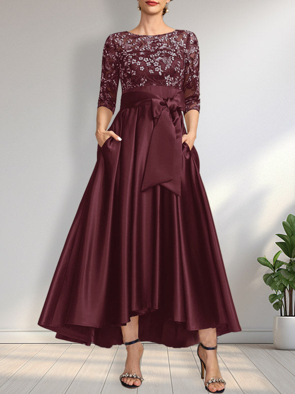 Vestido de madre de la novia de encaje satinado asimétrico con ilusión de corte A y lazo