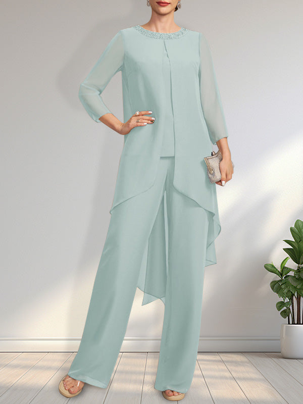 Vestido de gasa para madre de la novia con lentejuelas y abalorios, largo hasta el suelo y mono/pantalón separado