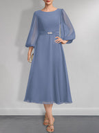 Vestido de gasa para madre de la novia, corte A, escote redondo, largo hasta la rodilla, plisado, con broche de cristal