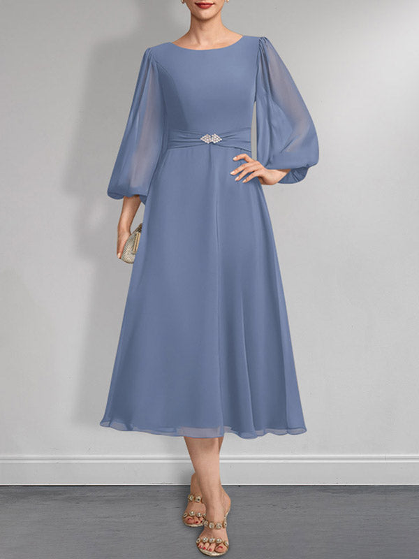 Vestido de gasa para madre de la novia, corte A, escote redondo, largo hasta la rodilla, plisado, con broche de cristal