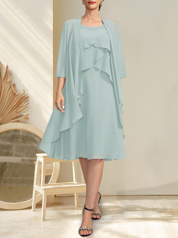 Vestido de gasa para madre de la novia con escote en A y escote redondo hasta la rodilla con cuentas