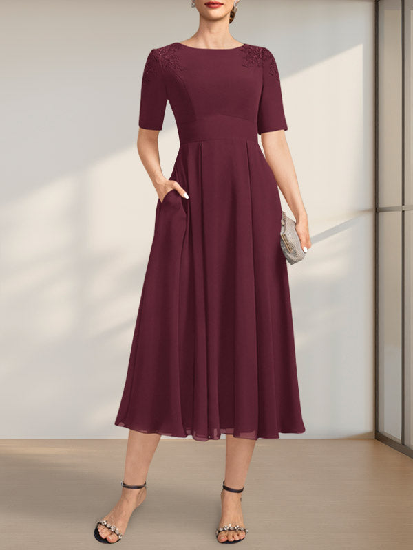 Vestido de gasa para madre de la novia, corte A, escote redondo, largo hasta la rodilla, con apliques de encaje y lentejuelas