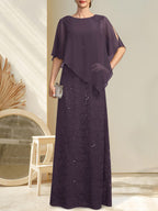 Vestido de madre de la novia de gasa con encaje, escote redondo y largo hasta el suelo, con lentejuelas y abalorios