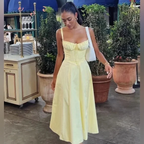 Precioso vestido de fiesta largo amarillo de satén de corte A, vestido de noche Y7578