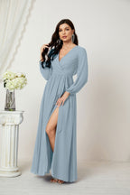 Vestidos de noche Sunnderly con escote en V profundo, gasa, para dama de honor, manga larga de obispo, abertura lateral, vestido formal SY2806 