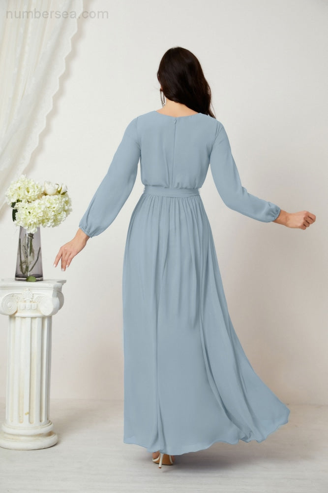 Vestidos de noche Sunnderly con escote en V profundo, gasa, para dama de honor, manga larga de obispo, abertura lateral, vestido formal SY2806 