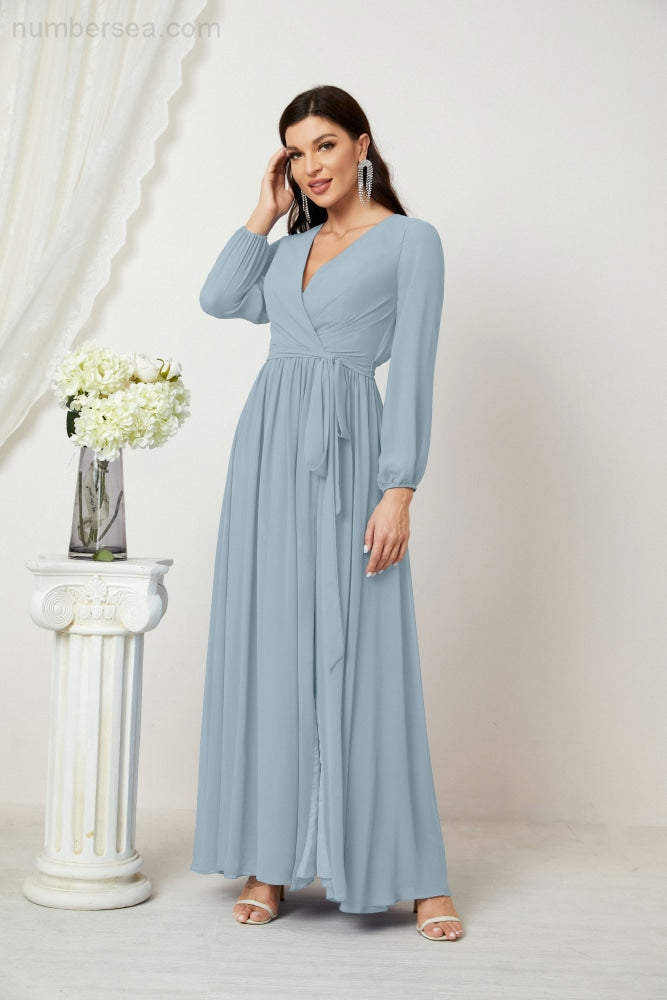 Vestidos de noche Sunnderly con escote en V profundo, gasa, para dama de honor, manga larga de obispo, abertura lateral, vestido formal SY2806 