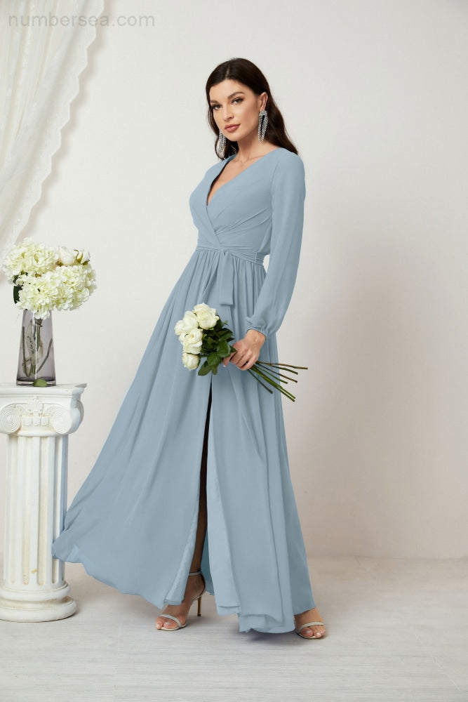 Vestidos de noche Sunnderly con escote en V profundo, gasa, para dama de honor, manga larga de obispo, abertura lateral, vestido formal SY2806 