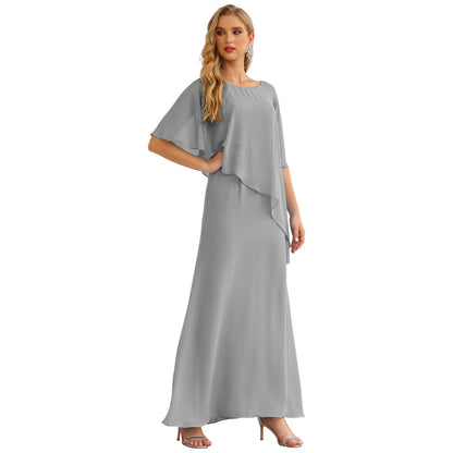 Sunnderly Chiffon Plus Size Mother of The Bride Dresses Formal Prom Gown Ruffle Cape