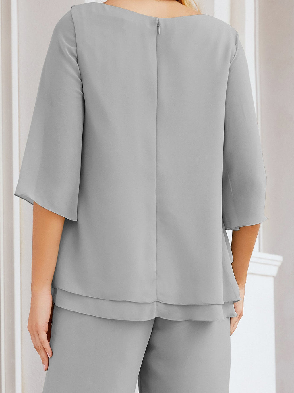 Elegante vestido de dos piezas para madre de la novia, talla grande, pantalón, capas con volantes, bata plateada SY28064 