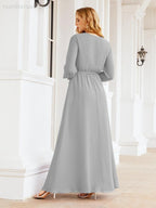 Sunnderly Women's Chiffon Bridesmaid Dress A line Long Sleeves Formal Evening Prom Gown for Wedding Guest SY28032