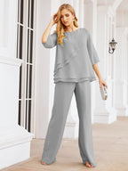 Elegante vestido de dos piezas para madre de la novia, talla grande, pantalón, capas con volantes, bata plateada SY28064 